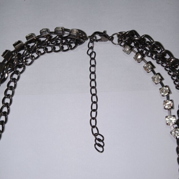 Vintage Victorian Layered Gunmetal Chain Necklace Clear Rhinestones Multi-strand - Picture 4 of 7
